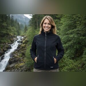 REI woman’s full zip mock neck jacket/coat Polartec Sz large black ribbed